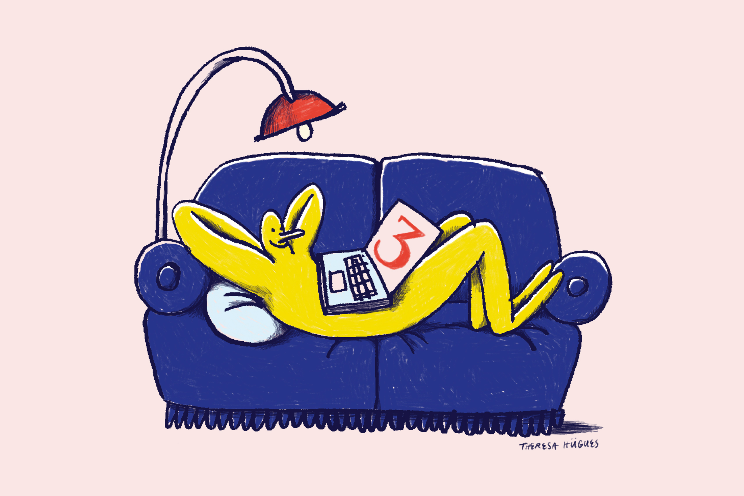 Die Illustration zeigt eine Figur, die auf dem Sofa liegt.